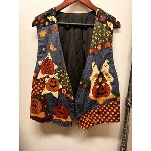 Hand Sewn Leslie Beck Vest Ghosts Pumpkins Cute Witch Open Tie Back M
